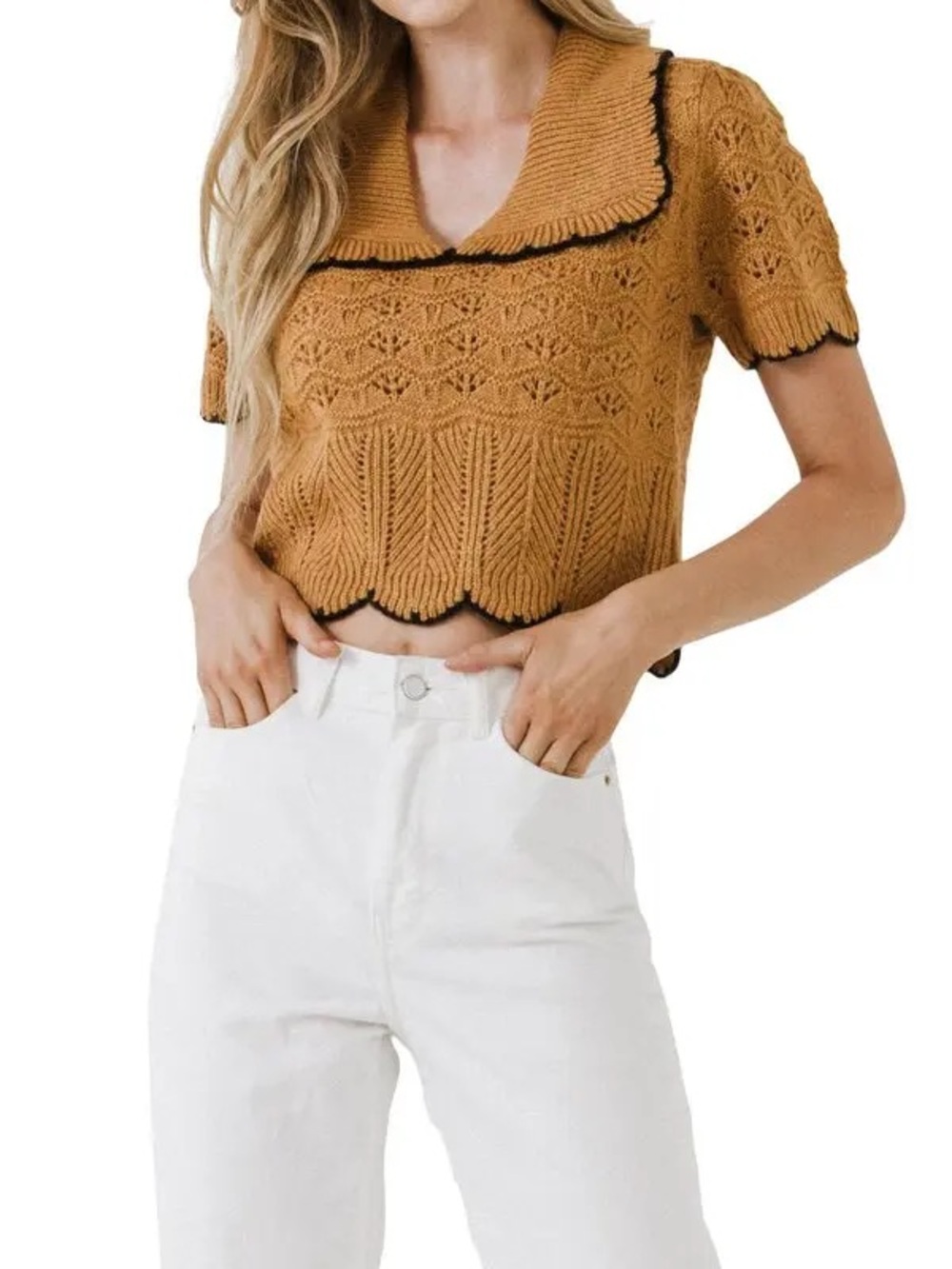 Endless Rose Camel Scalloped Collar Pointelle Knit Crop Top Small NWOT